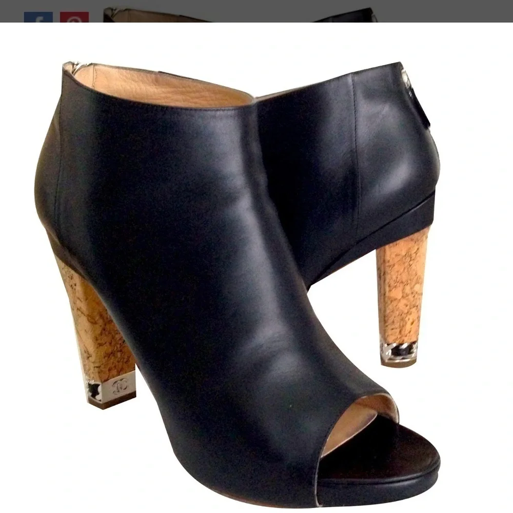 CHANEL OpenToe Black Leather Ankle Boots Mark Chain Cork Heel CC Size 38